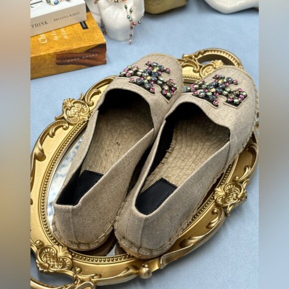 🆕 TORY BURCH 🧿 NWOB Ines Linen & Leather Bejewelled Espadrilles - Sz  9 M - Picture 8 of 13